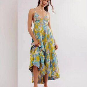 Free People Long Love Midi Dress Printed V Neck Straps Tiered New L